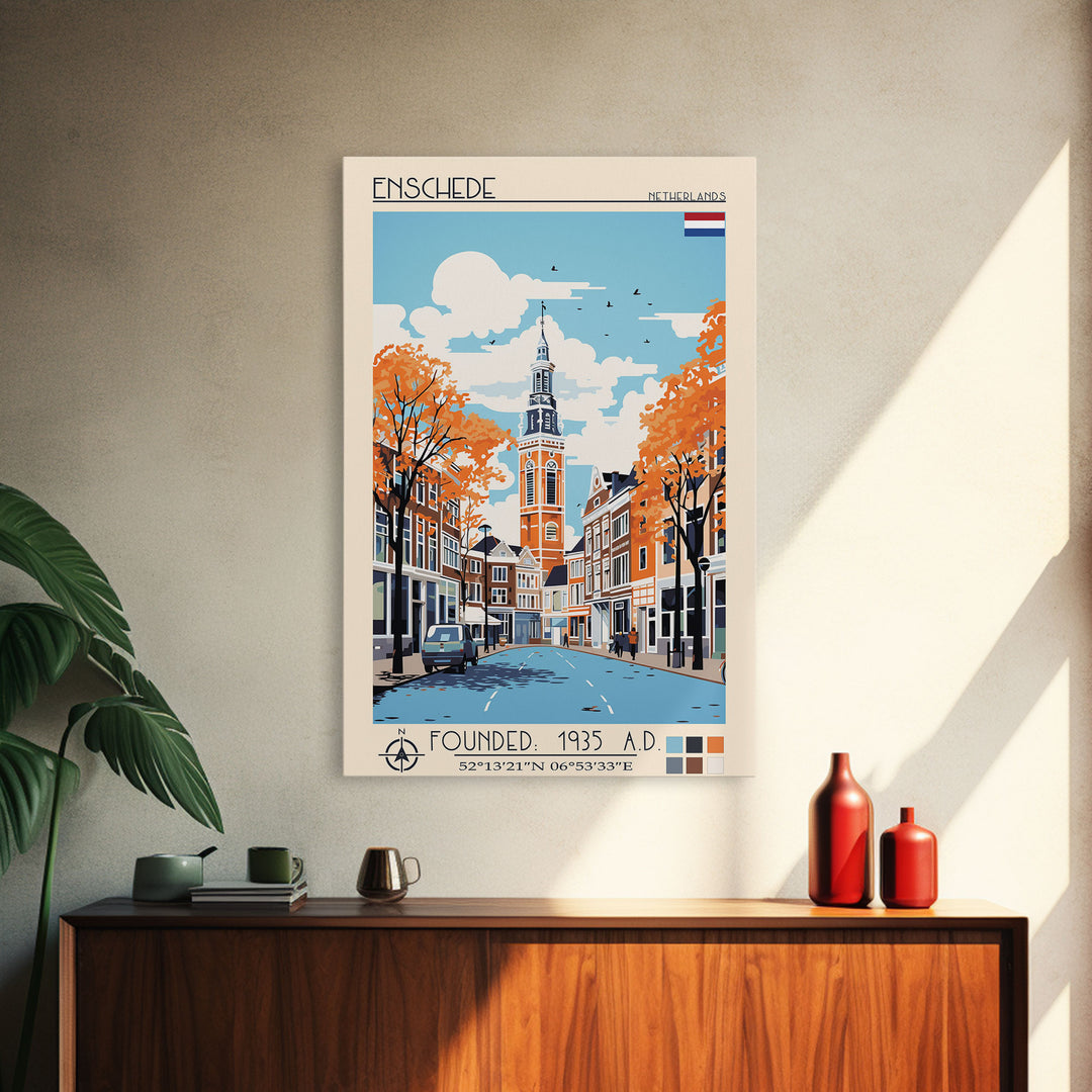 Enschede Netherlands Travel Poster Framed Canvas Print, Midcentury Modern Art, Pop Art Wall Decor, Scenic Wall Art, Bedroom Decoration