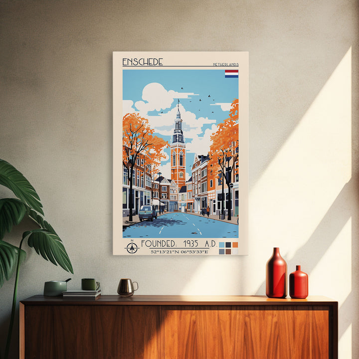 Enschede Netherlands Travel Poster Framed Canvas Print, Midcentury Modern Art, Pop Art Wall Decor, Scenic Wall Art, Bedroom Decoration