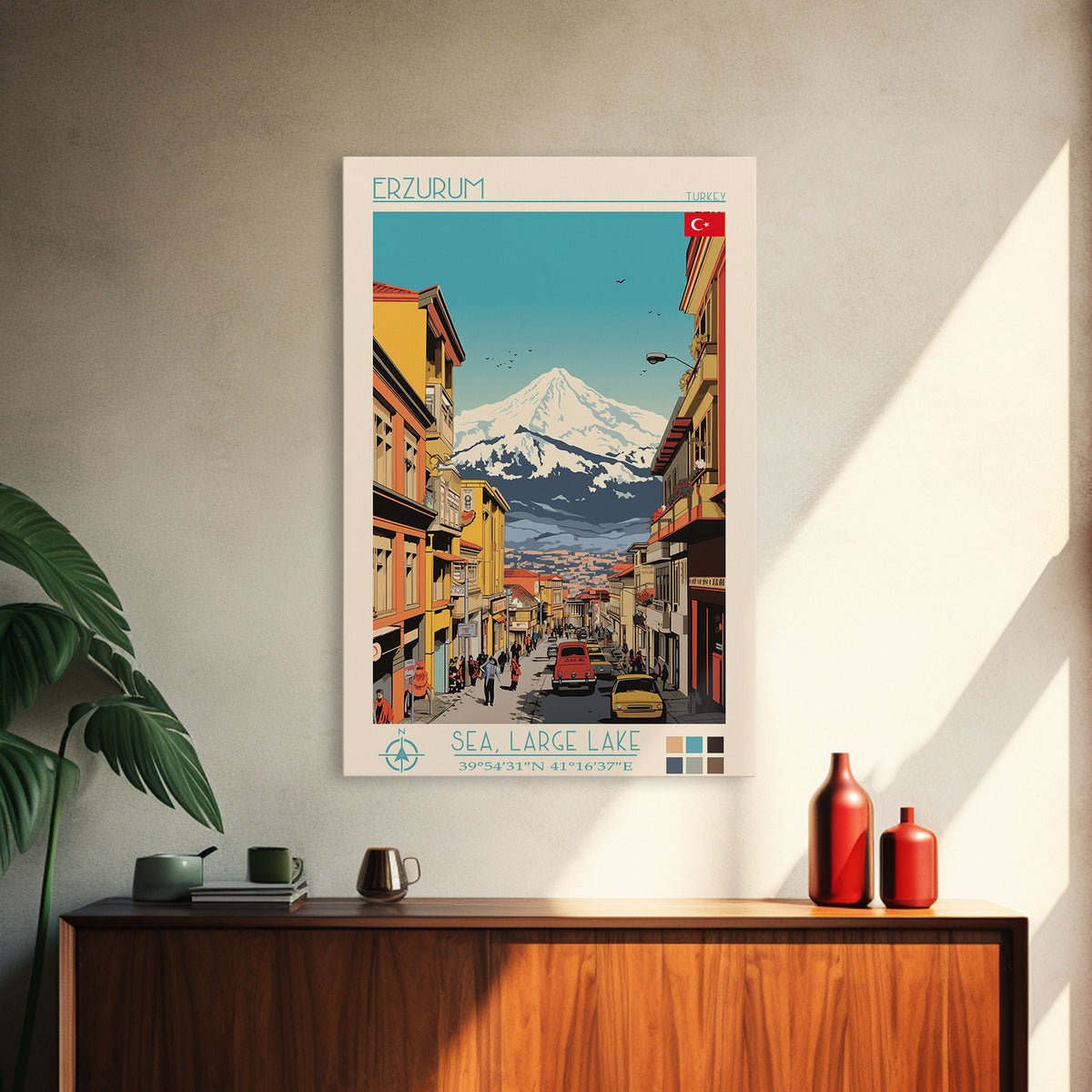 Erzurum Turkey Travel Poster Framed Canvas Print, Midcentury Modern Art, Pop Art Wall Decor, Scenic Wall Art, Living Room Decoration, Office Art