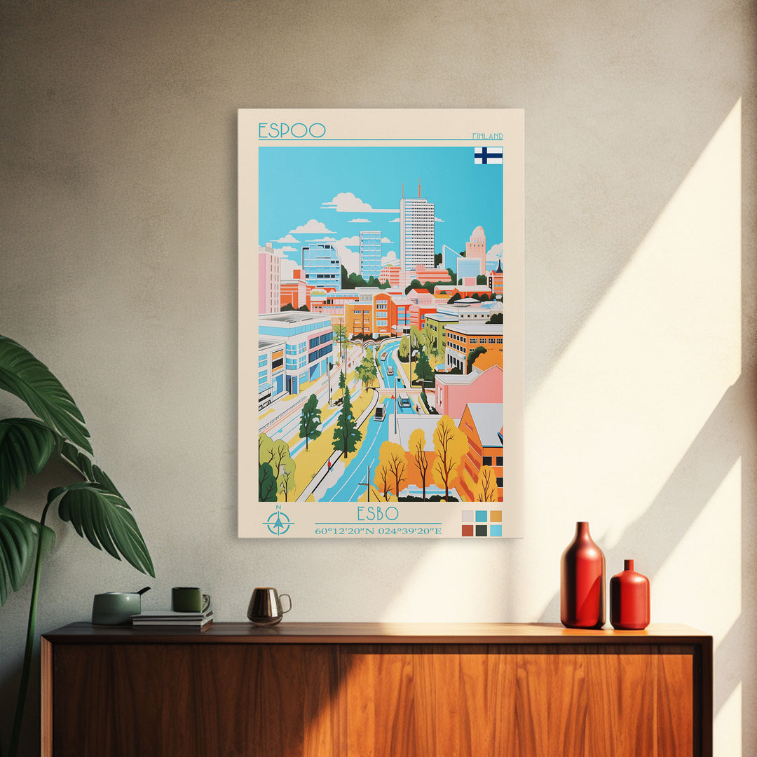 Espoo Finland Travel Poster Framed Canvas Print, Vintage Style, Pop Art Home Decor, Scenic Wall Art, Bedroom Decoration, Office Gift