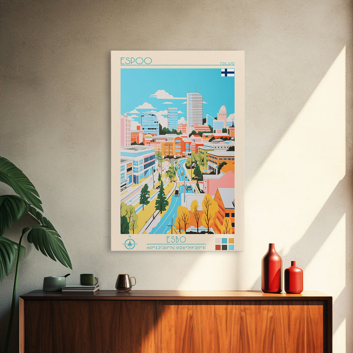 Espoo Finland Travel Poster Framed Canvas Print, Vintage Style, Pop Art Home Decor, Scenic Wall Art, Bedroom Decoration, Office Gift