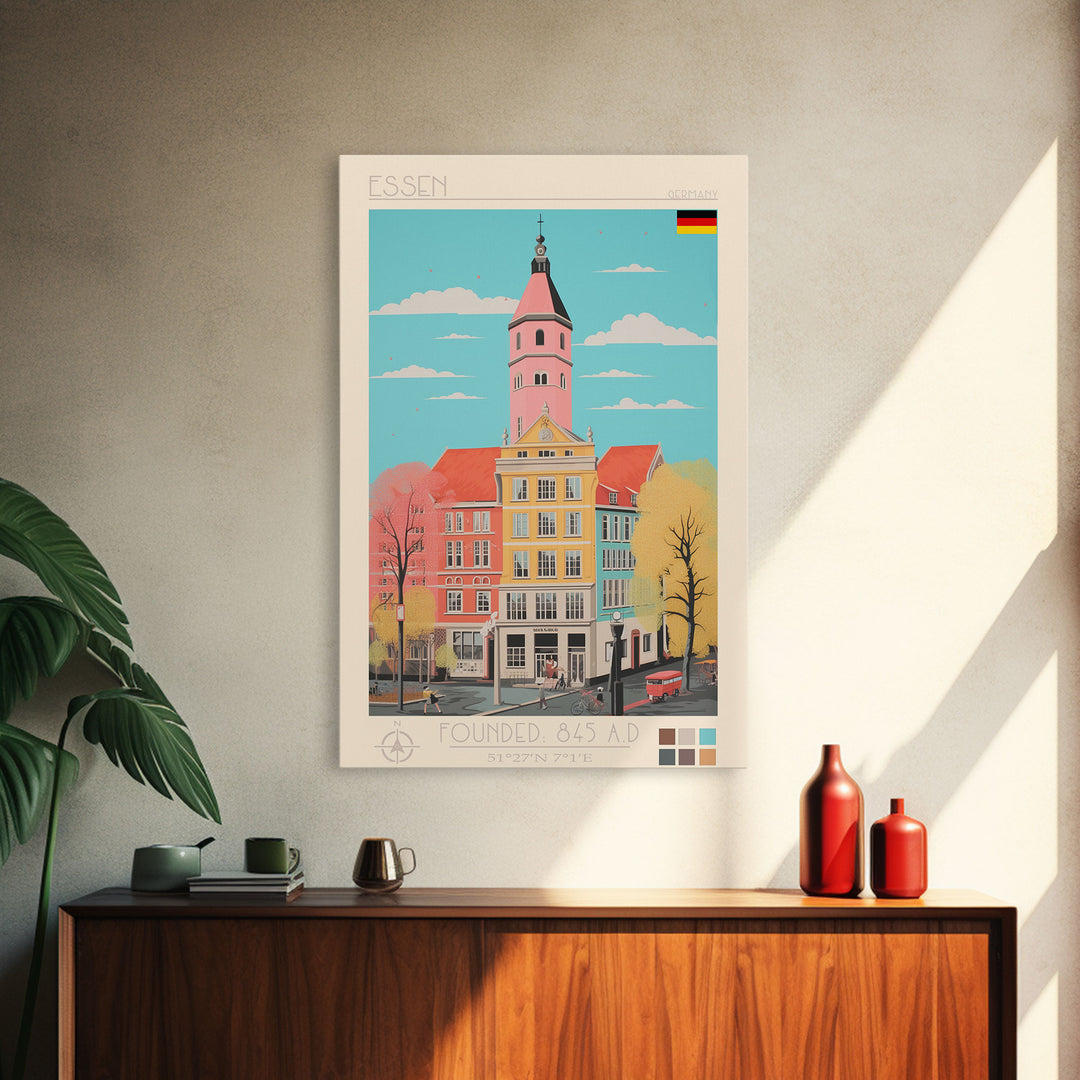 Essen Germany Travel Poster Framed Canvas Print, Midcentury Modern Art, Pop Art Wall Decor, Home Decor, Vacation Gift, Office Art
