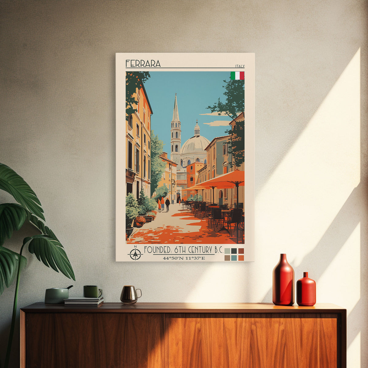 Ferrara Italy Travel Poster Framed Canvas Print, Midcentury Modern Art, Pop Art Wall Decor, Scenic Living Room Art, Bedroom Gift