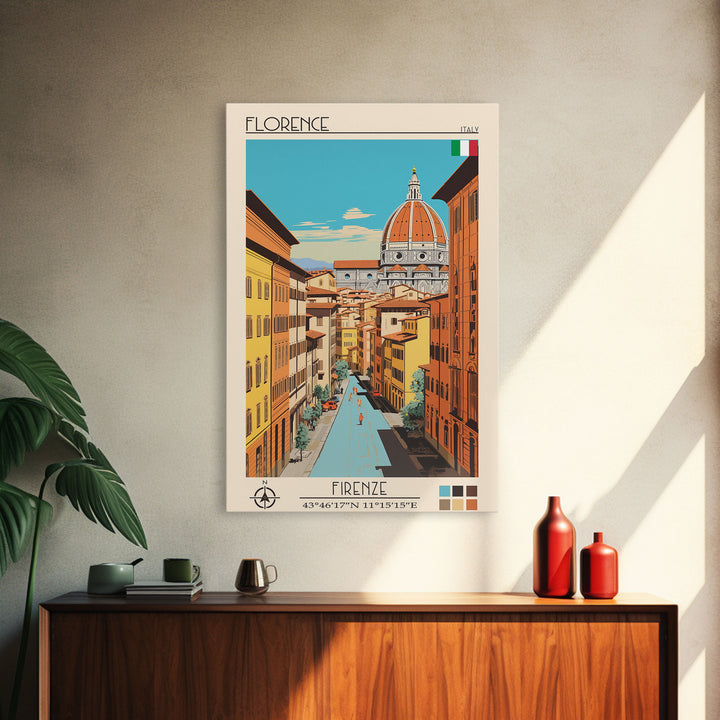 Florence Italy Travel Poster Framed Canvas Print, Midcentury Modern Art, Pop Art Wall Decor, Scenic Wall Art, Living Room Decoration, Office Art