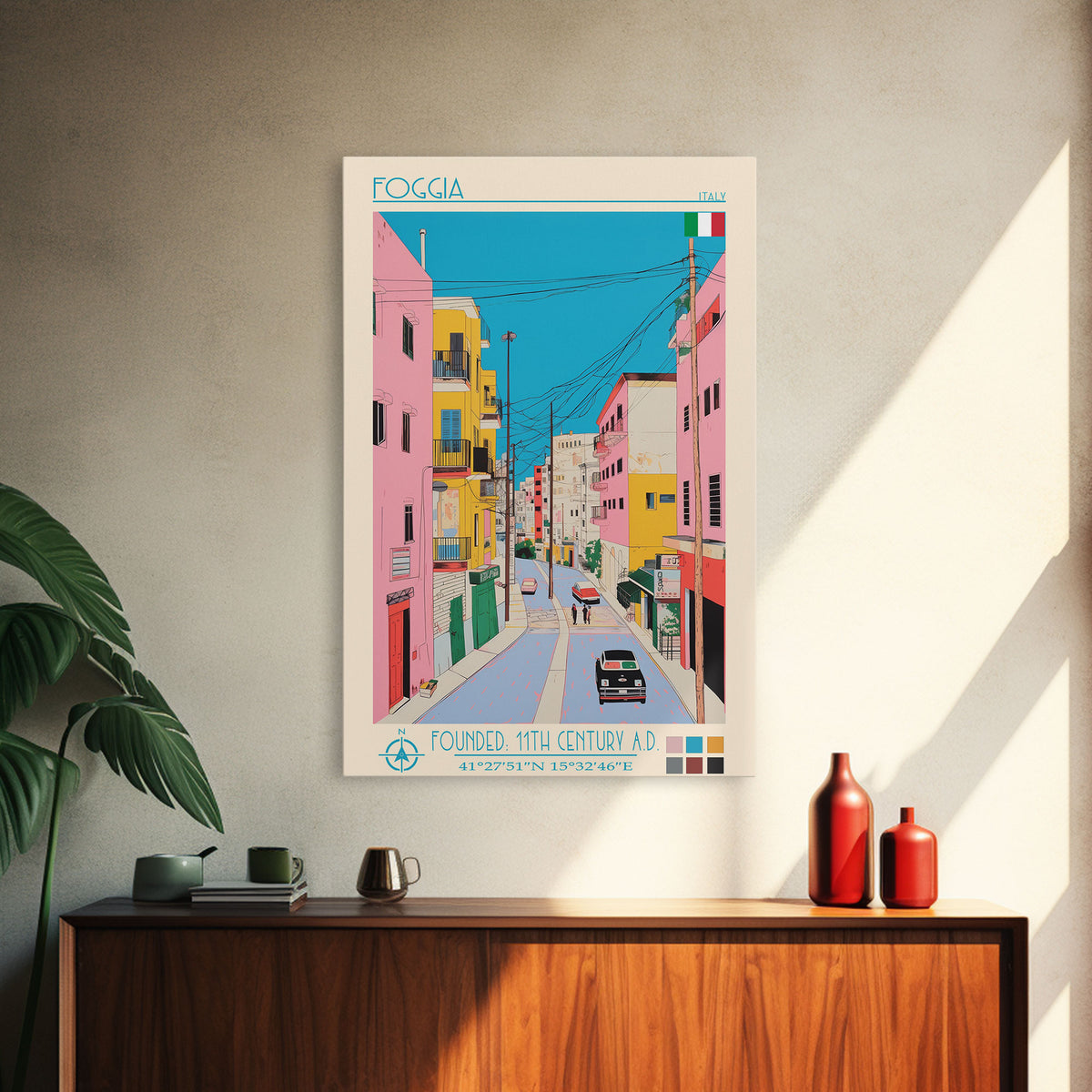 Foggia Italy Travel Poster Framed Canvas Print, Midcentury Modern Art, Pop Art Wall Decor, Home Decor, Vacation Gift, Bedroom Art