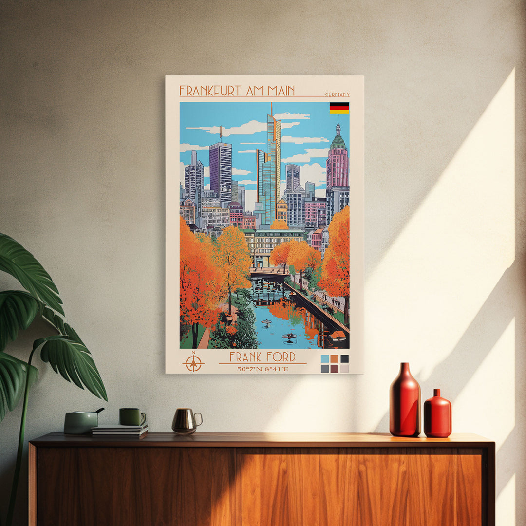 Frankfurt Germany Travel Poster Framed Canvas Print, Midcentury Modern Art, Pop Art Wall Decor, Scenic Wall Art, Living Room Decoration, Office Gift