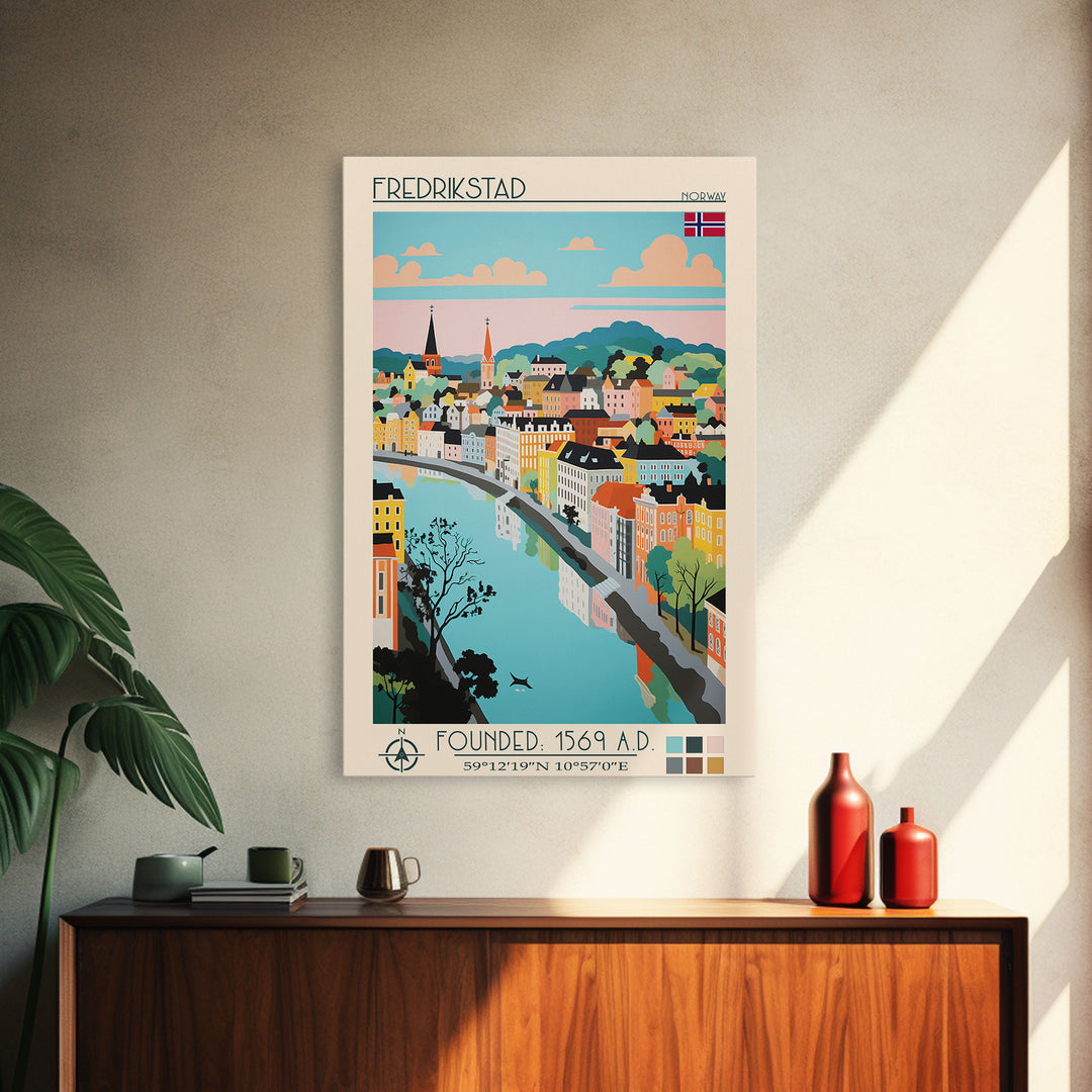 Fredrikstad Norway Travel Poster Framed Canvas Print, Midcentury Modern Art, Pop Art Wall Decor, Scenic Wall Art, Bedroom Decoration