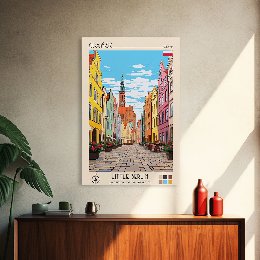 Gdańsk Poland Travel Poster Framed Canvas Print, Vintage Style, Pop Art Home Decor, Scenic Wall Art, Bedroom Decoration, Office Gift
