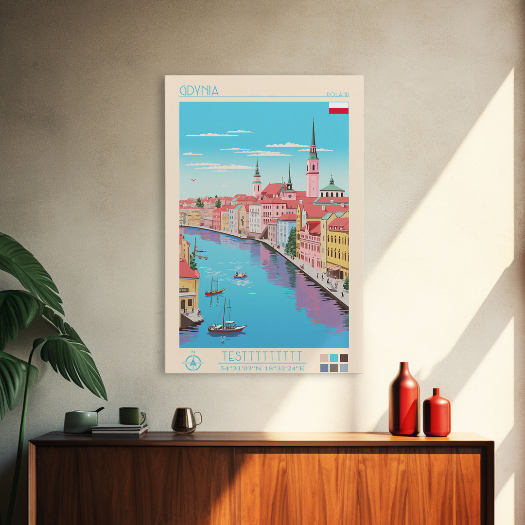 Gdynia Poland Travel Poster Framed Canvas Print, Midcentury Modern Art, Pop Art Wall Decor, Home Decor, Vacation Gift, Office Art