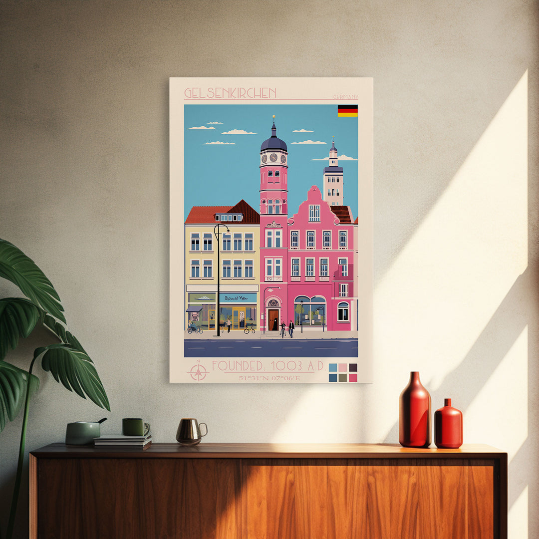Gelsenkirchen Germany Travel Poster Framed Canvas Print, Midcentury Modern Art, Pop Art Wall Decor, Scenic Living Room Art, Bedroom Gift