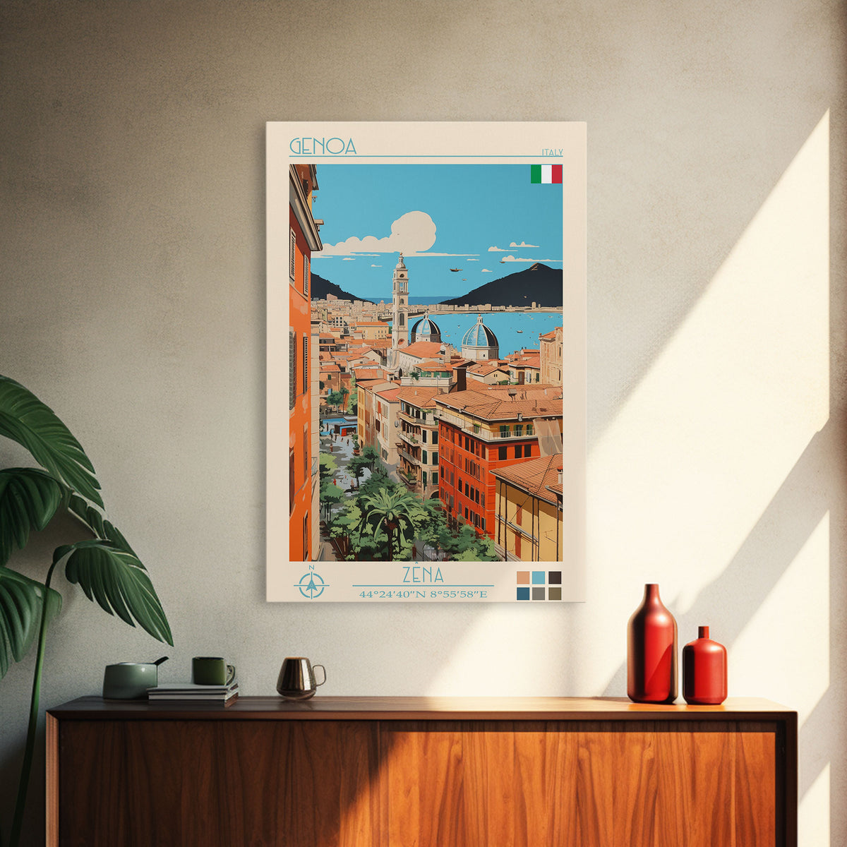 Genoa Italy Travel Poster Framed Canvas Print, Midcentury Modern Art, Pop Art Wall Decor, Scenic Wall Art, Living Room Decoration, Office Gift