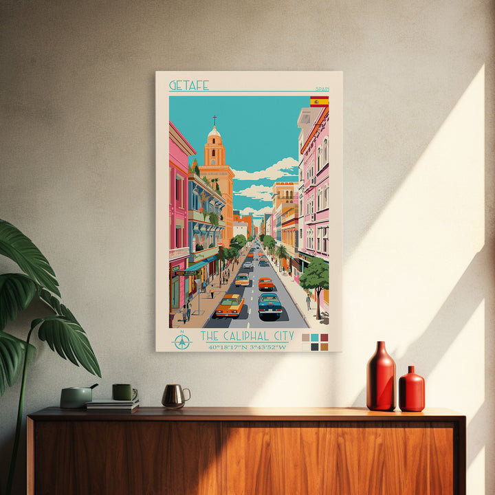 Getafe Spain Travel Poster Framed Canvas Print, Midcentury Modern Art, Pop Art Wall Decor, Scenic Wall Art, Bedroom Decoration