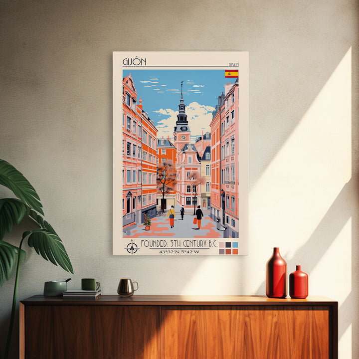 Gijón Spain Travel Poster Framed Canvas Print, Midcentury Modern Art, Pop Art Wall Decor, Scenic Wall Art, Living Room Decoration, Office Art