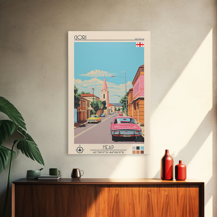 Gori Georgia Travel Poster Framed Canvas Print, Midcentury Modern Art, Pop Art Wall Decor, Scenic Wall Art, Living Room Decoration, Office Art