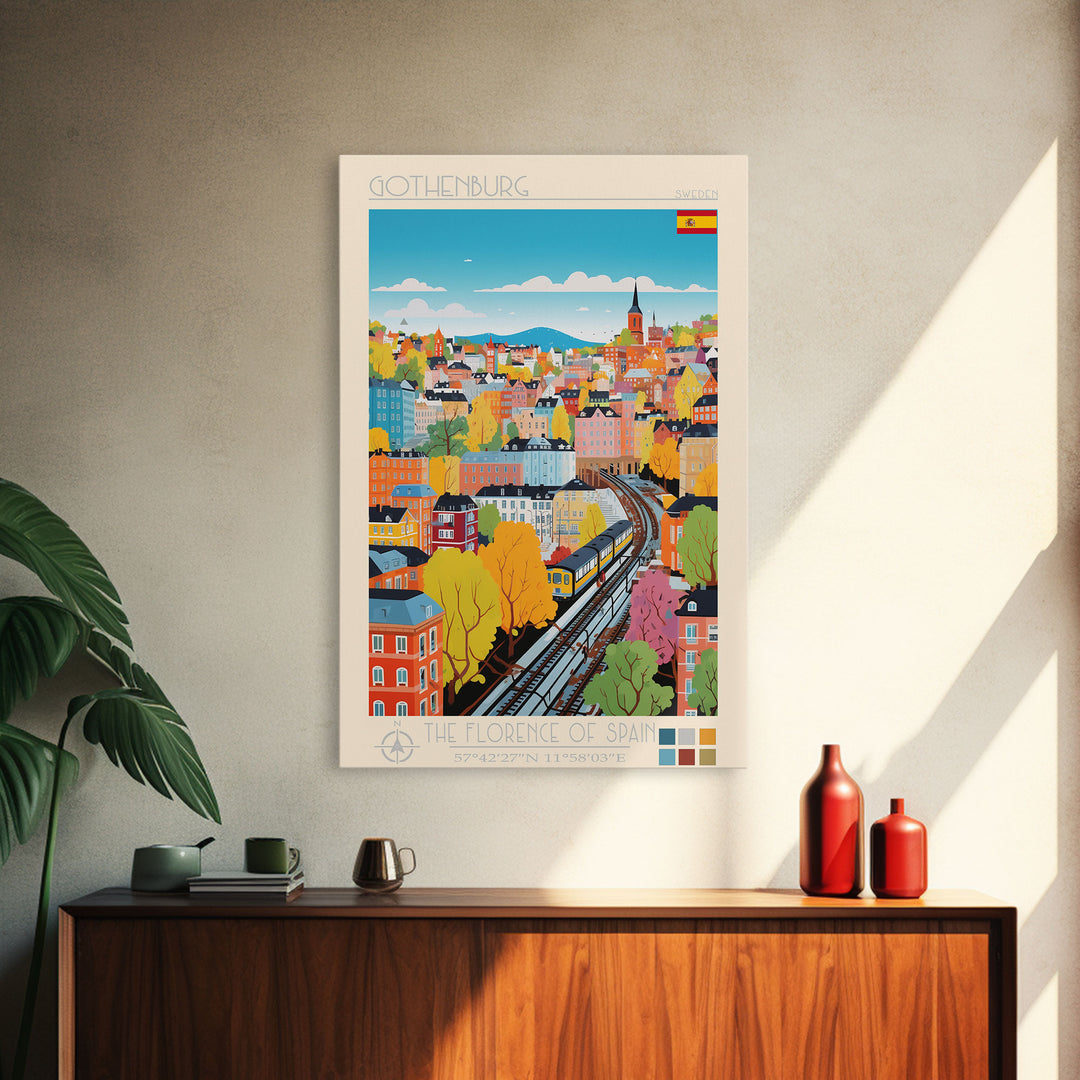Gothenburg Sweden Travel Poster Framed Canvas Print, Midcentury Modern Art, Pop Art Wall Decor, Scenic Bedroom Art, Office Decoration