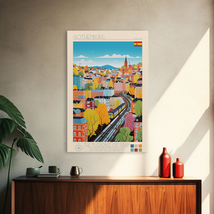 Gothenburg Sweden Travel Poster Framed Canvas Print, Midcentury Modern Art, Pop Art Wall Decor, Scenic Bedroom Art, Office Decoration