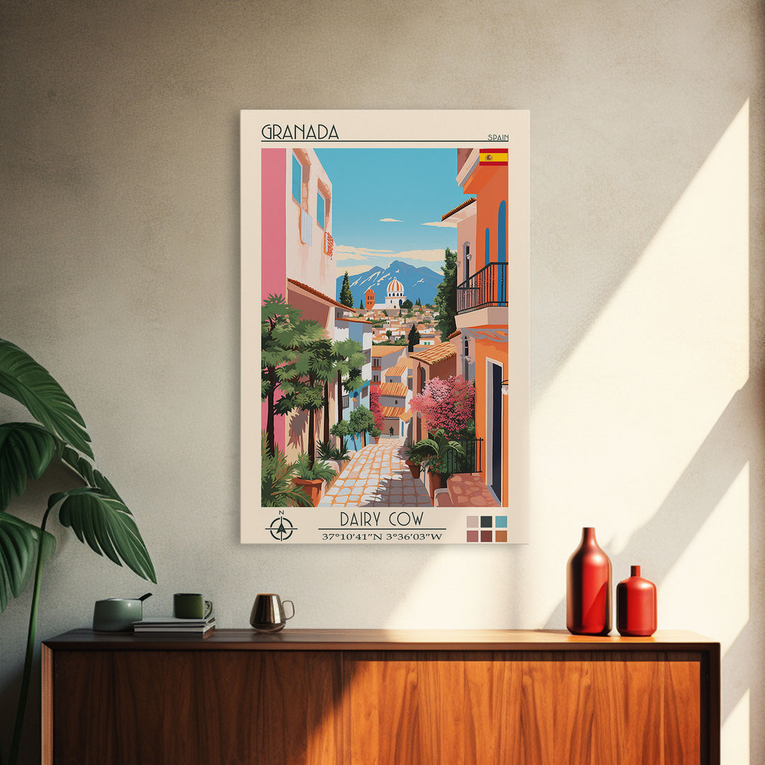 Granada Spain Travel Poster Framed Canvas Print, Midcentury Modern Art, Pop Art Wall Decor, Scenic Living Room Art, Bedroom Decor