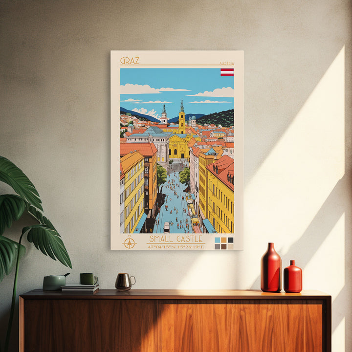 Graz Austria Travel Poster Framed Canvas Print, Vintage Style, Pop Art Home Decor, Scenic Wall Art, Bedroom Decoration, Office Gift