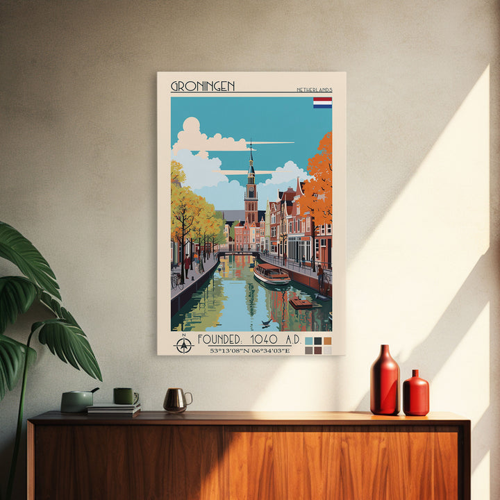 Groningen Netherlands Travel Poster Framed Canvas Print, Midcentury Modern Art, Pop Art Wall Decor, Scenic Living Room Art, Bedroom Gift