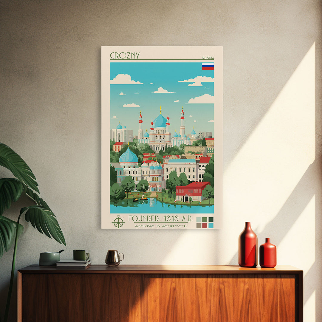 Grozny Russia Travel Poster Framed Canvas Print, Midcentury Modern Art, Pop Art Wall Decor, Scenic Wall Art, Living Room Decoration, Office Art