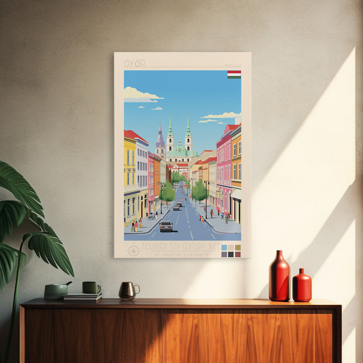 Győr Hungary Travel Poster Framed Canvas Print, Midcentury Modern Art, Pop Art Wall Decor, Scenic Wall Art, Living Room Decoration, Office Gift
