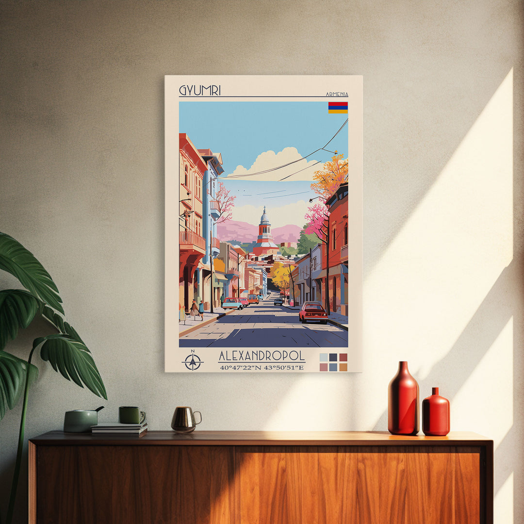 Gyumri Armenia Travel Poster Framed Canvas Print, Midcentury Modern Art, Pop Art Wall Decor, Home Decor, Vacation Gift, Bedroom Art