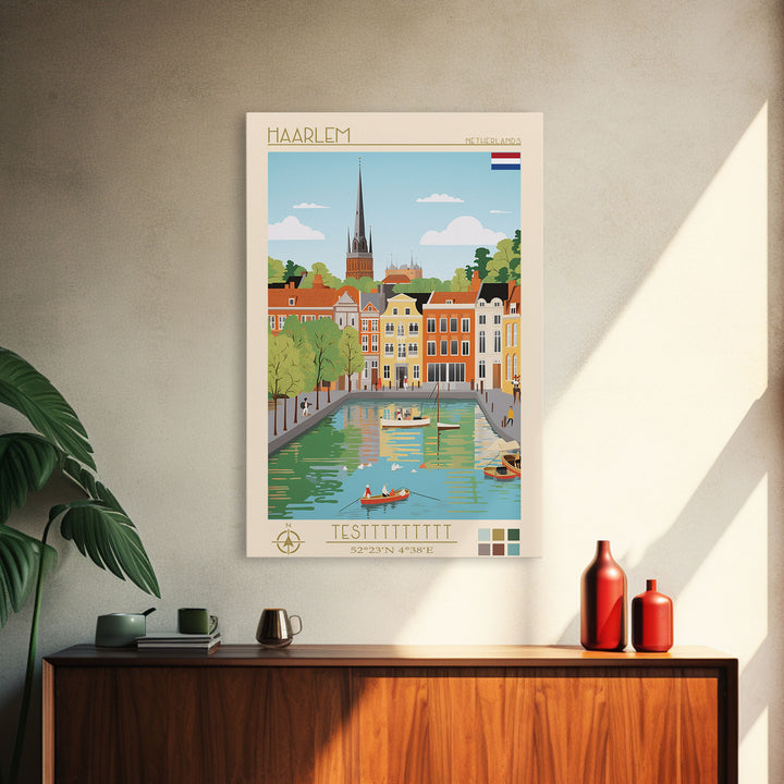 Haarlem Netherlands Travel Poster Framed Canvas Print, Midcentury Modern Art, Pop Art Wall Decor, Scenic Bedroom Art, Office Decoration