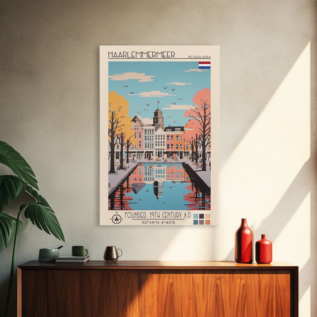 Haarlemmermeer Netherlands Travel Poster Framed Canvas Print, Midcentury Modern Art, Pop Art Wall Decor, Scenic Wall Art, Living Room Decoration, Office Art