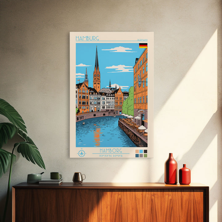 Hamburg Germany Travel Poster Framed Canvas Print, Midcentury Modern Art, Pop Art Wall Decor, Scenic Wall Art, Bedroom Decoration, Office Art