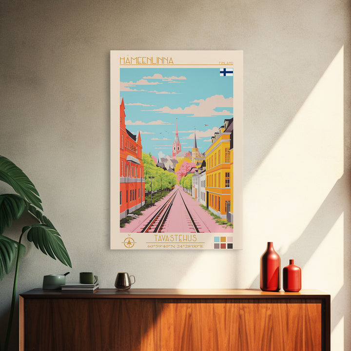 Hämeenlinna City in Finland Finland Travel Poster Framed Canvas Print, Midcentury Modern Art, Pop Art Wall Decor, Home Decor, Vacation Gift, Bedroom Art