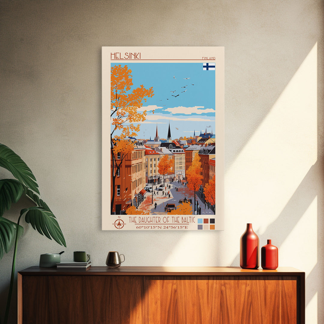 Helsinki Finland Travel Poster Framed Canvas Print, Midcentury Modern Art, Pop Art Wall Decor, Scenic Bedroom Art, Office Decoration