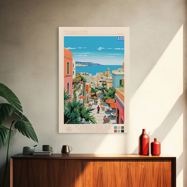 Heraklion Greece Travel Poster Framed Canvas Print, Midcentury Modern Art, Pop Art Wall Decor, Scenic Living Room Art, Bedroom Decor
