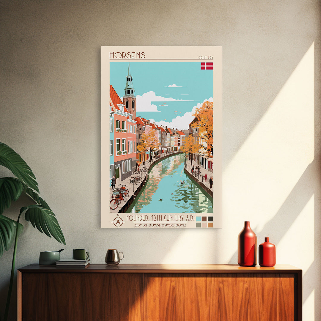 Horsens Denmark Travel Poster Framed Canvas Print, Midcentury Modern Art, Pop Art Wall Decor, Home Decor, Vacation Gift, Office Art