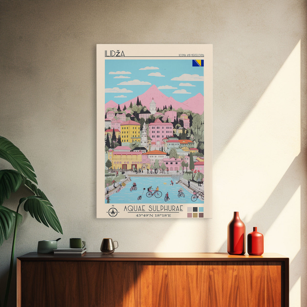 Ilidža Bosnia and Herzegovina Travel Poster Framed Canvas Print, Midcentury Modern Art, Pop Art Wall Decor, Scenic Wall Art, Bedroom Decoration