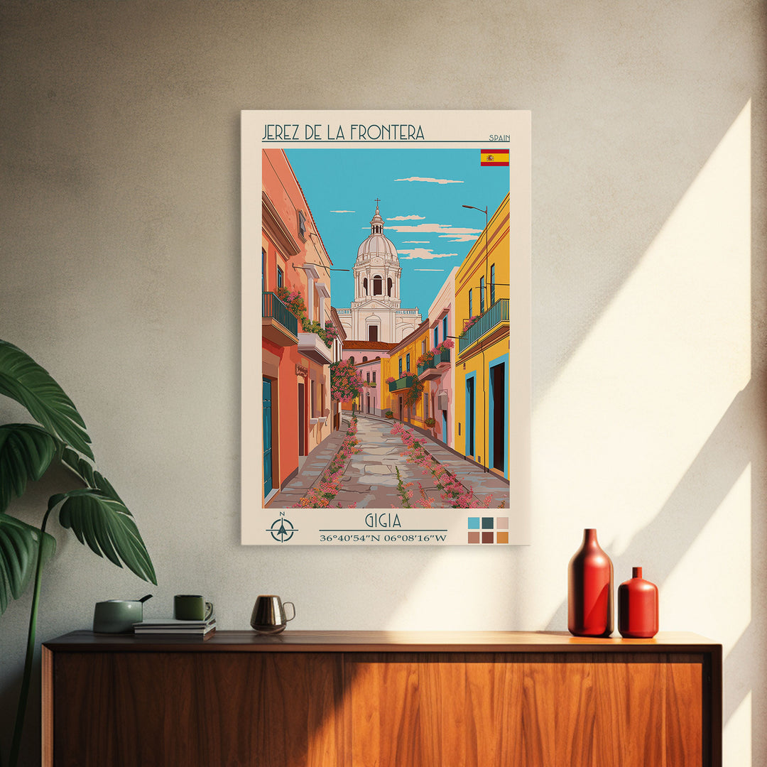 Jerez de la Frontera Spain Travel Poster Framed Canvas Print, Midcentury Modern Art, Pop Art Wall Decor, Scenic Bedroom Art, Office Decoration