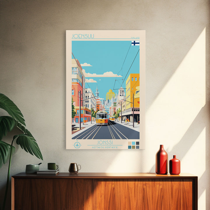 Joensuu Finland Travel Poster Framed Canvas Print, Midcentury Modern Art, Pop Art Wall Decor, Scenic Living Room Art, Bedroom Decor
