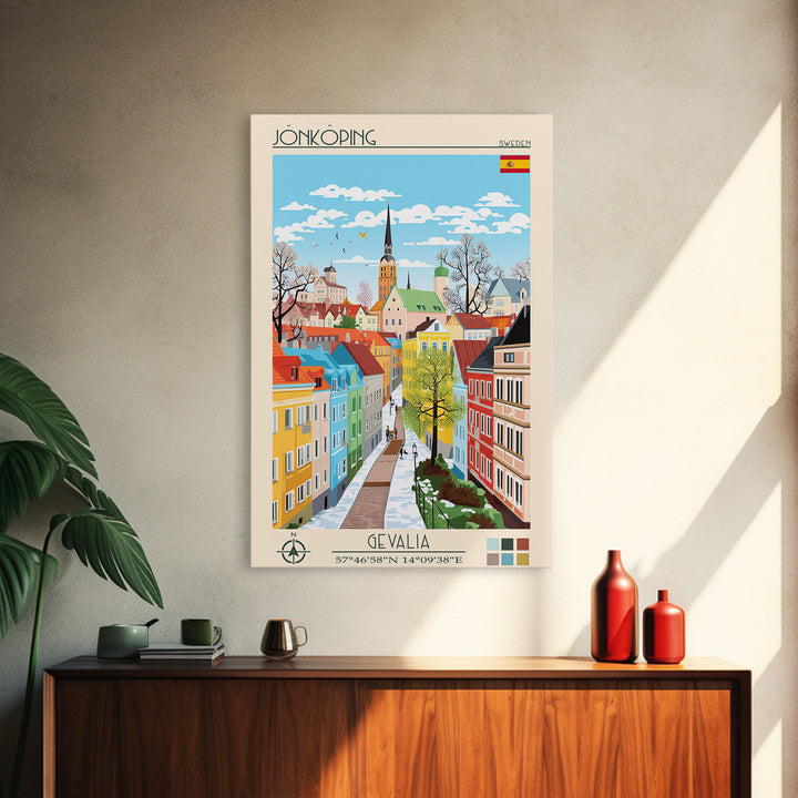 Jönköping Sweden Travel Poster Framed Canvas Print, Midcentury Modern Art, Pop Art Wall Decor, Home Decor, Vacation Gift, Office Art