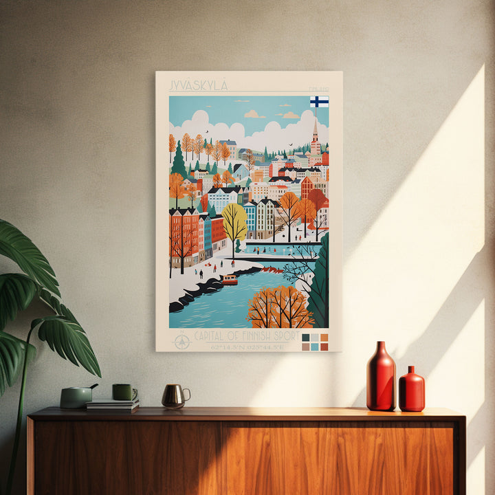 Jyväskylä Finland Travel Poster Framed Canvas Print, Vintage Style, Pop Art Home Decor, Scenic Wall Art, Bedroom Decoration, Office Gift