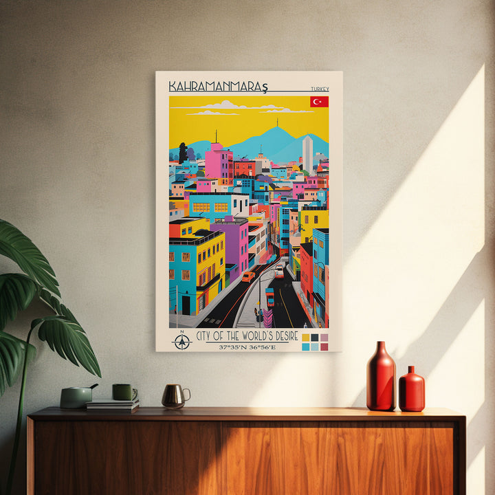 Kahramanmaraş Turkey Travel Poster Framed Canvas Print, Midcentury Modern Art, Pop Art Wall Decor, Scenic Living Room Art, Bedroom Gift