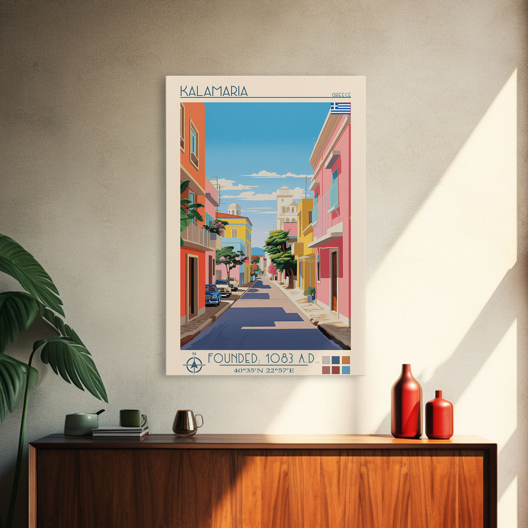 Kalamaria Greece Travel Poster Framed Canvas Print, Midcentury Modern Art, Pop Art Wall Decor, Scenic Wall Art, Living Room Decoration, Office Art