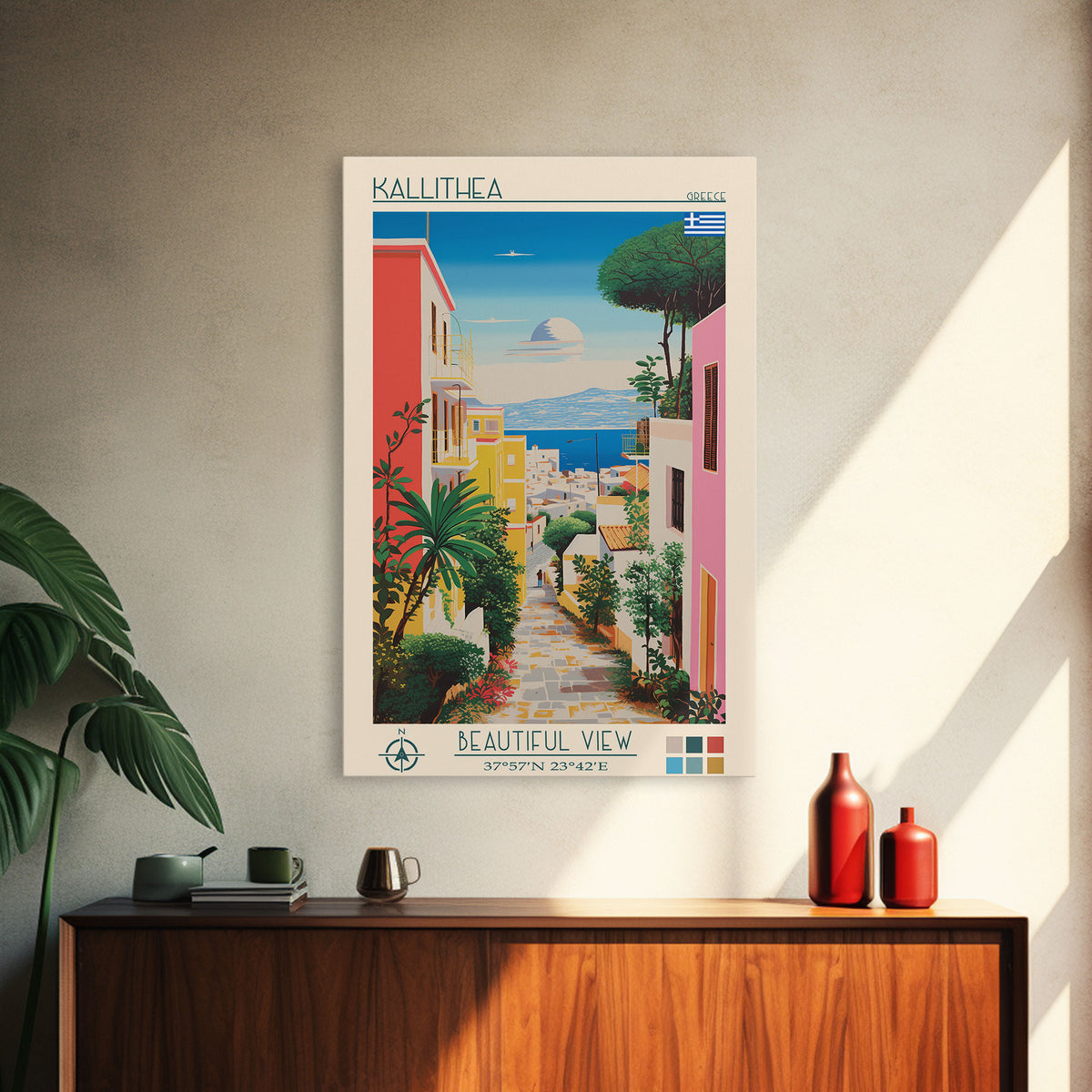 Kallithea Greece Travel Poster Framed Canvas Print, Midcentury Modern Art, Pop Art Wall Decor, Scenic Wall Art, Living Room Decoration, Office Gift