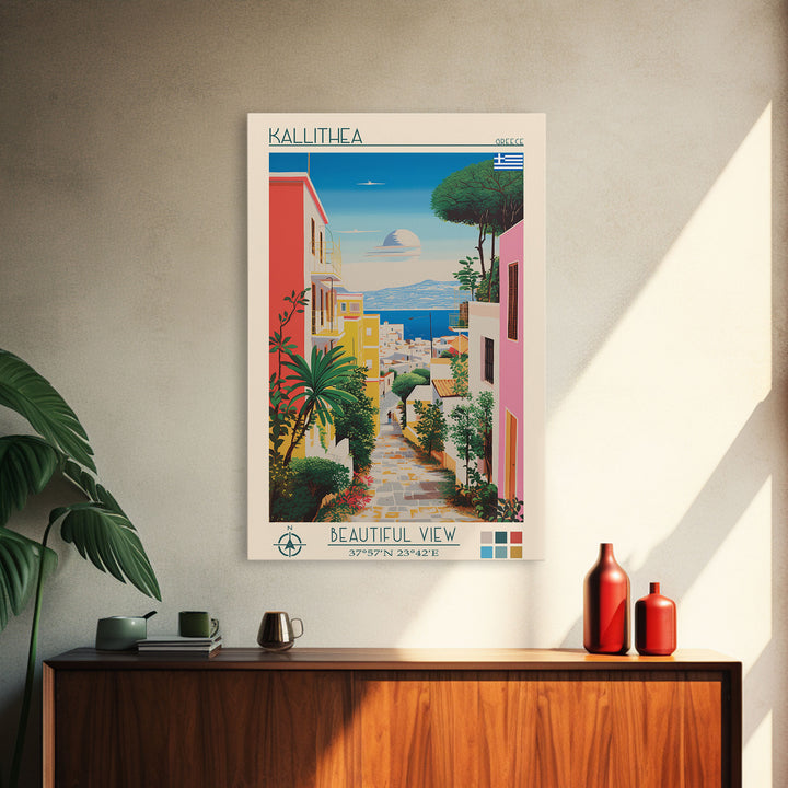 Kallithea Greece Travel Poster Framed Canvas Print, Midcentury Modern Art, Pop Art Wall Decor, Scenic Wall Art, Living Room Decoration, Office Gift