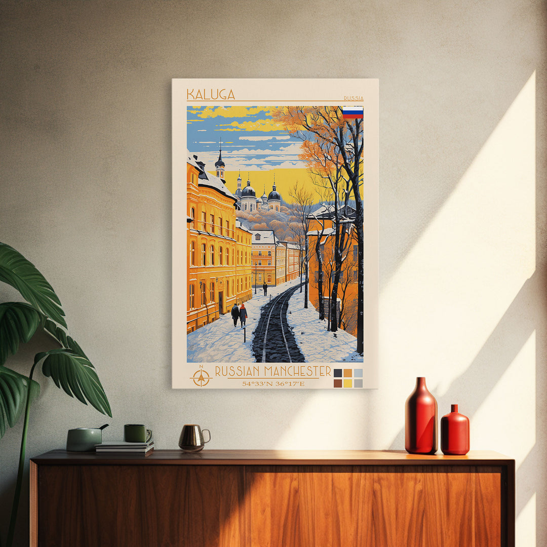Kaluga Russia Travel Poster Framed Canvas Print, Midcentury Modern Art, Pop Art Wall Decor, Scenic Wall Art, Bedroom Decoration