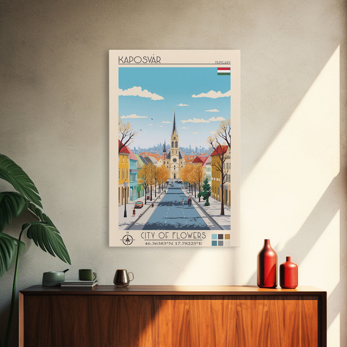 Kaposvár Hungary Travel Poster Framed Canvas Print, Midcentury Modern Art, Pop Art Wall Decor, Scenic Bedroom Art, Office Decoration