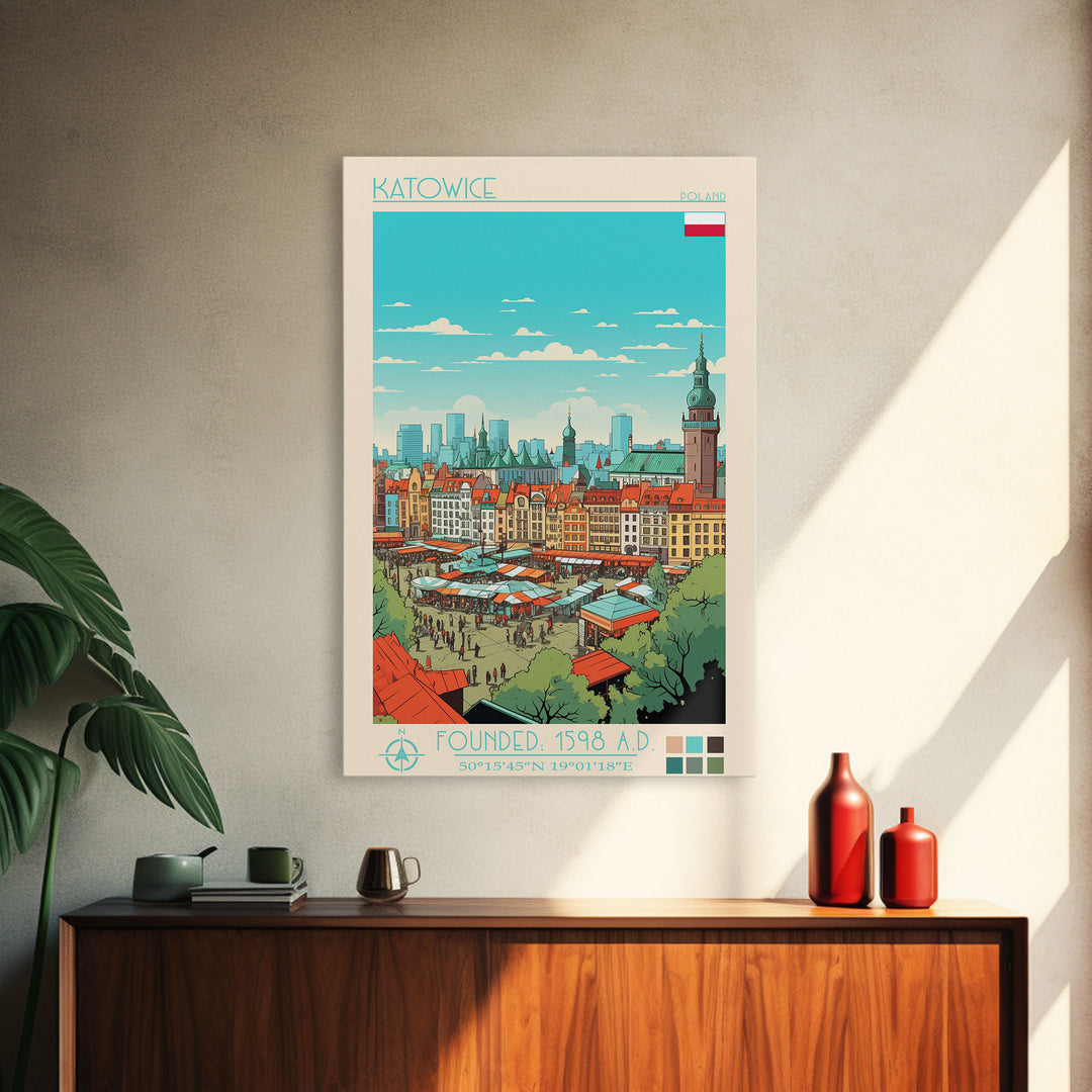 Katowice Poland Travel Poster Framed Canvas Print, Midcentury Modern Art, Pop Art Wall Decor, Home Decor, Vacation Gift, Office Art