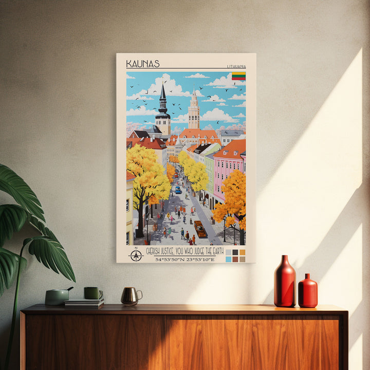 Kaunas Lithuania Travel Poster Framed Canvas Print, Midcentury Modern Art, Pop Art Wall Decor, Scenic Living Room Art, Bedroom Gift