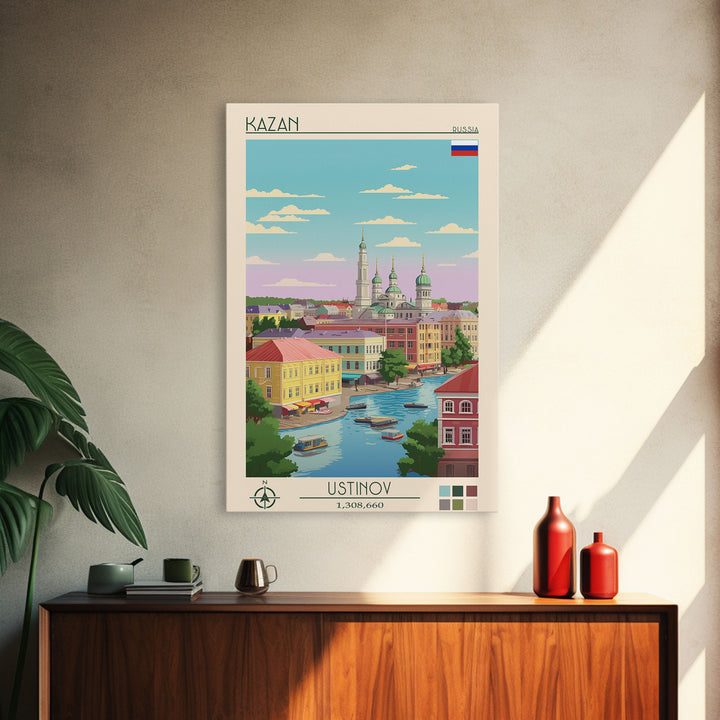 Kazan Russia Travel Poster Framed Canvas Print, Midcentury Modern Art, Pop Art Wall Decor, Scenic Bedroom Art, Office Decoration