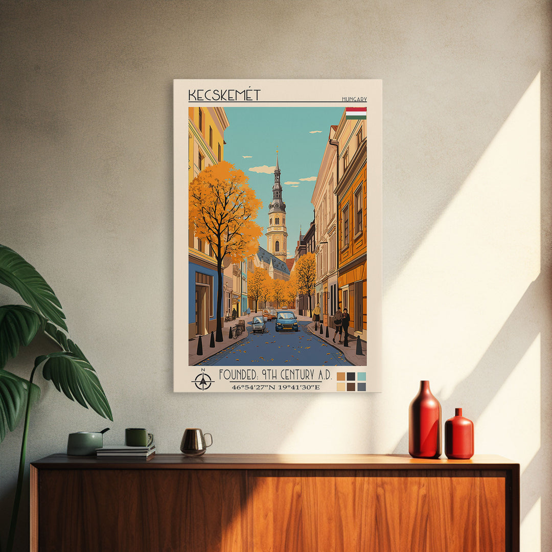 Kecskemét Hungary Travel Poster Framed Canvas Print, Midcentury Modern Art, Pop Art Wall Decor, Scenic Living Room Art, Bedroom Decor
