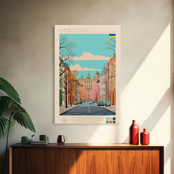 Khmelnytskyi Ukraine Travel Poster Framed Canvas Print, Midcentury Modern Art, Pop Art Wall Decor, Scenic Wall Art, Living Room Decoration, Office Gift