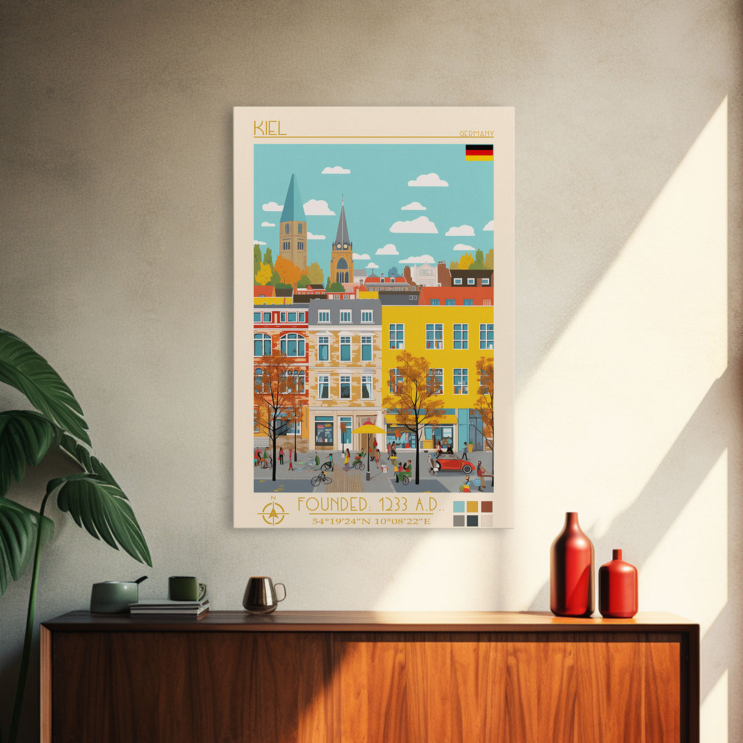 Kiel Germany Travel Poster Framed Canvas Print, Midcentury Modern Art, Pop Art Wall Decor, Scenic Wall Art, Living Room Decoration, Office Art